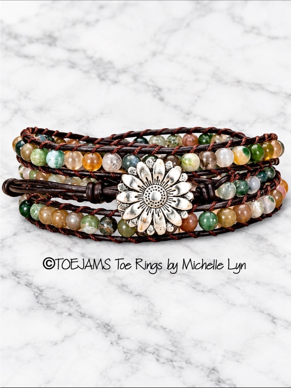 FRIENDSHIP BRACELET Daisy Button Leather and Quartz Adjustable Wrap Handmade